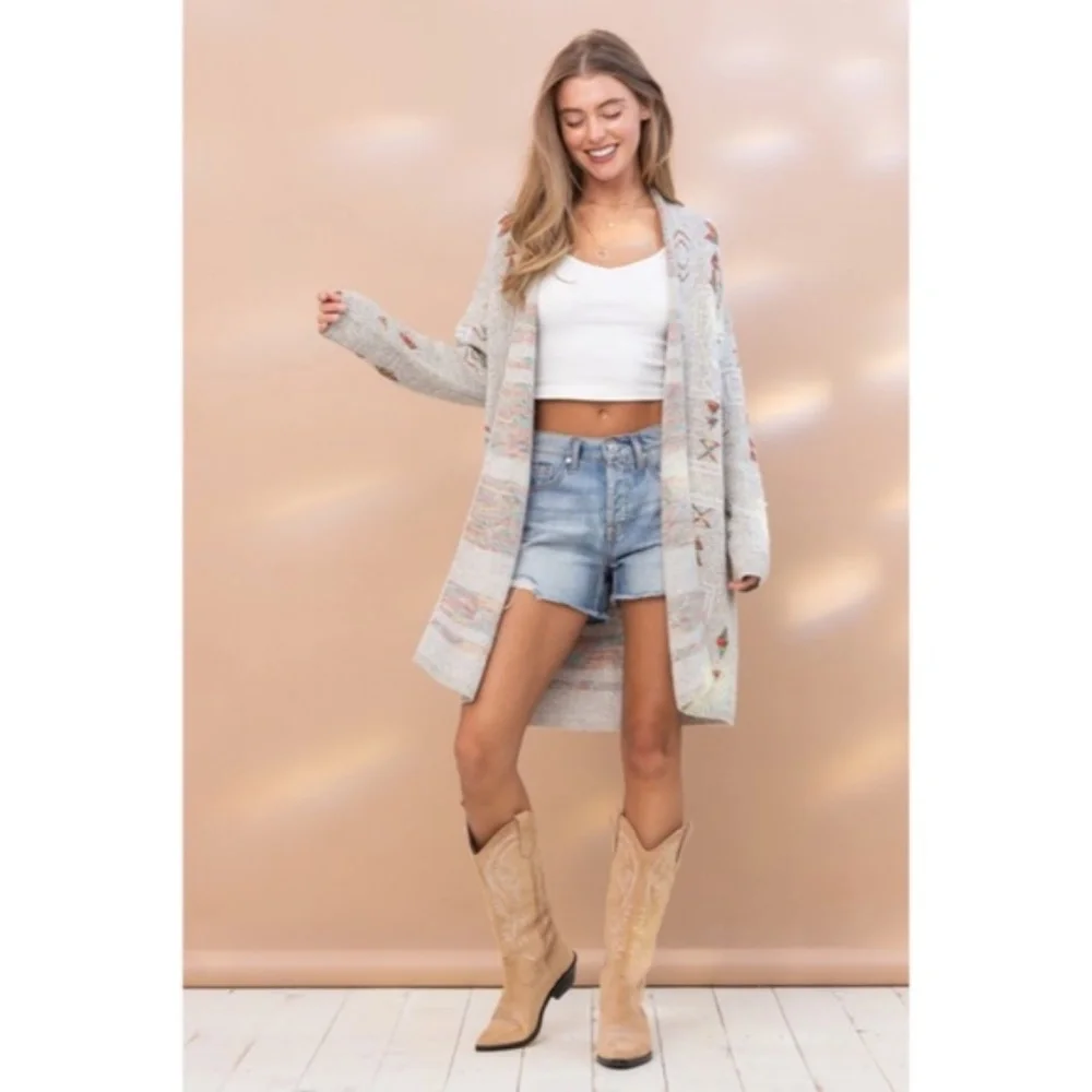 SOLD OUT Gray Colorful Aztec Tribal Western Marled Open Knit Cardigan Long - Picture 7 of 9